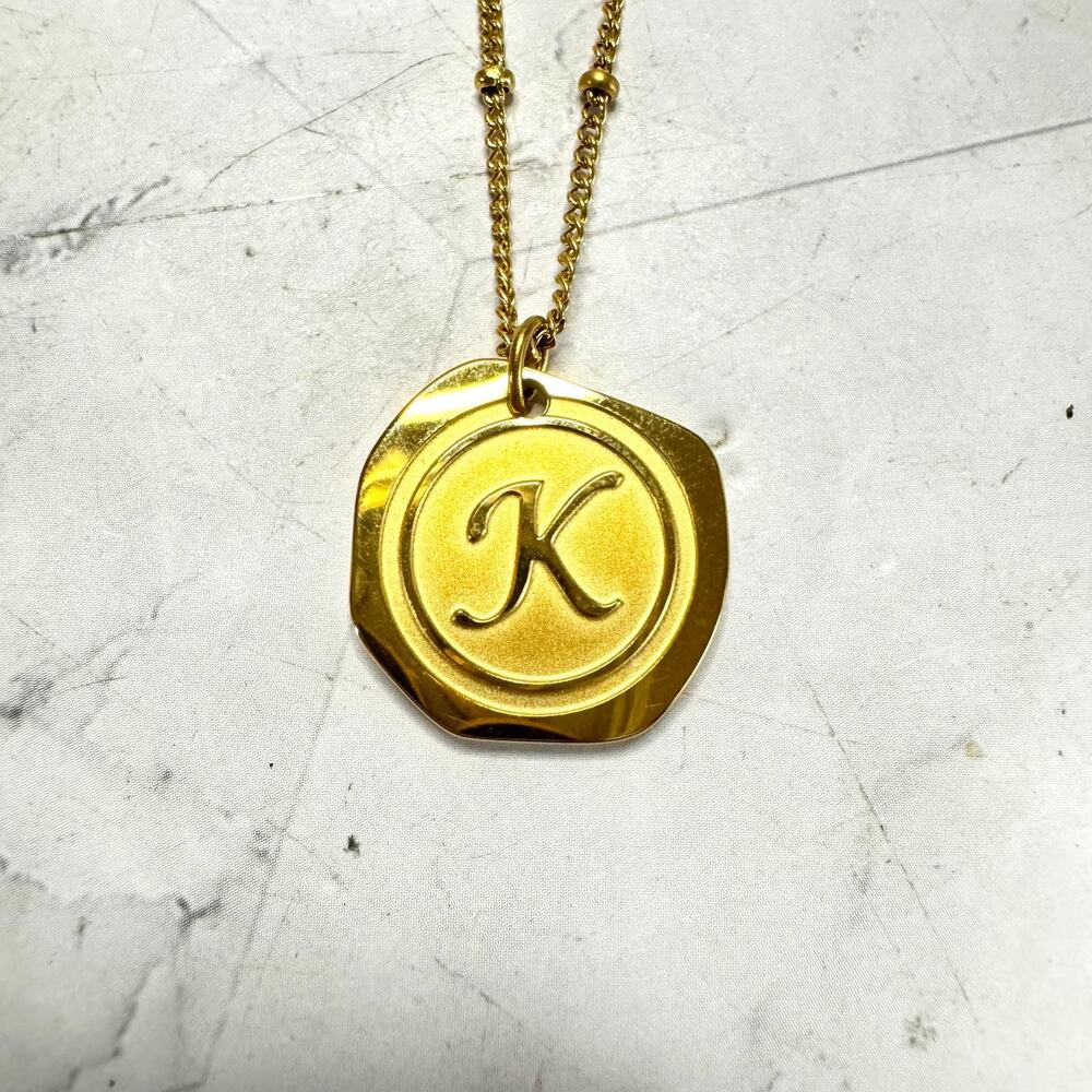 Savvy Cie Jewels Monogram "K" Necklace 22k Gold Plated Letter Coin Pendant 18"